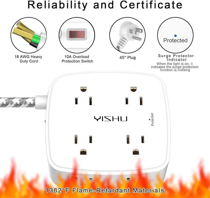 Surge Protector Power Strip - YISHU 8 Outlets with 4 USB (2 USB C) Charging Ports, 10Ft Braided Extension Cord, Flat Plug Multi Plug Outlet Extender Charging Station for Home Office, ETL, White - Image 6