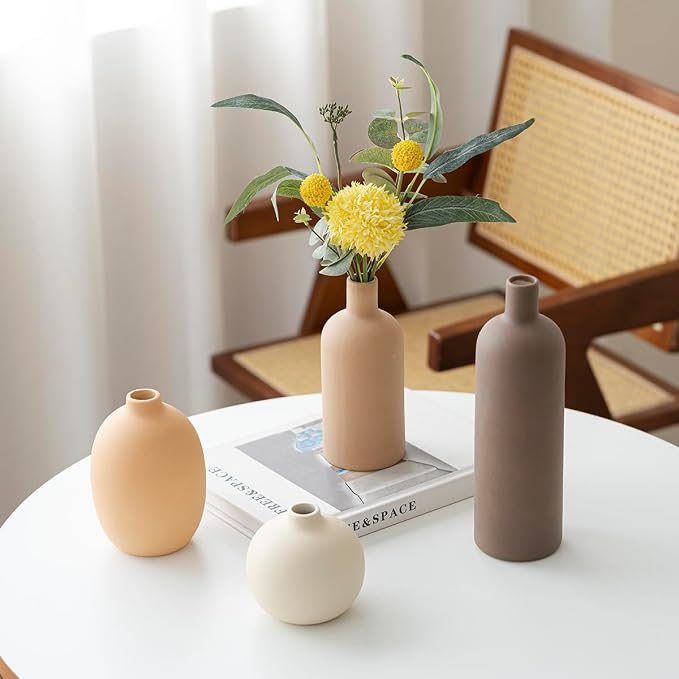 Modern Ceramic Vase Set, Neutral Colors, Decorative Vases for Home Shelf Decor, 4 Piece Collection, Happy Birthday Gifts for Women Mom Her Friend Sister Wife Grandma, Self Care Gift (Coffee Mix set 4) - Image 7