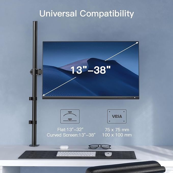 HUANUO Single Monitor Arm with 39 inch Extra-Tall Pole, Adjustable Computer Desk Mount for 13–32 inch Screens and up to 38 inch Ultrawide Screens, Hold 22 lbs, Monitor Stand with C-Clamp & Grommt Base - Image 4