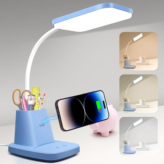 LED Desk Lamp with 10W Wireless Charging & Pen Holder, Blue | CRI 95, 800LM, Stepless Dimming, 3 Modes, 360°Flexible Arm, Touch, Study Table Lamp for Home Office, Dorm Room, with Adapter by Sailstar