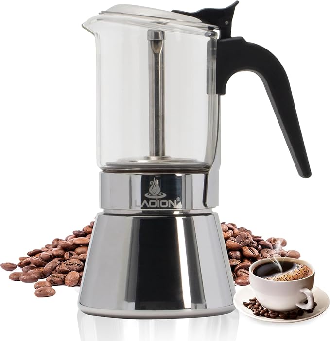 LAOION Stovetop Espresso Maker, 3Cup 160ml Moka Pot, Cuban Coffee Maker | Crystal Glass-top & Stainless Steel Coffee Maker Mocha Pot, Greca De Cafe, Cuban and Italian Coffee Maker for Cafetera Cubana by LAOION