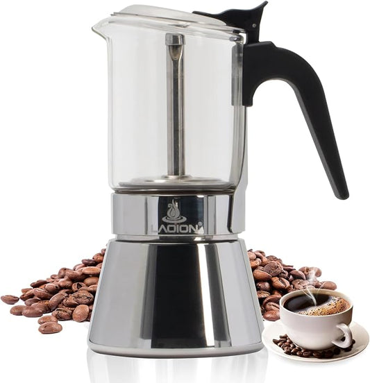LAOION Stovetop Espresso Maker, 3Cup 160ml Moka Pot, Cuban Coffee Maker | Crystal Glass-top & Stainless Steel Coffee Maker Mocha Pot, Greca De Cafe, Cuban and Italian Coffee Maker for Cafetera Cubana by LAOION