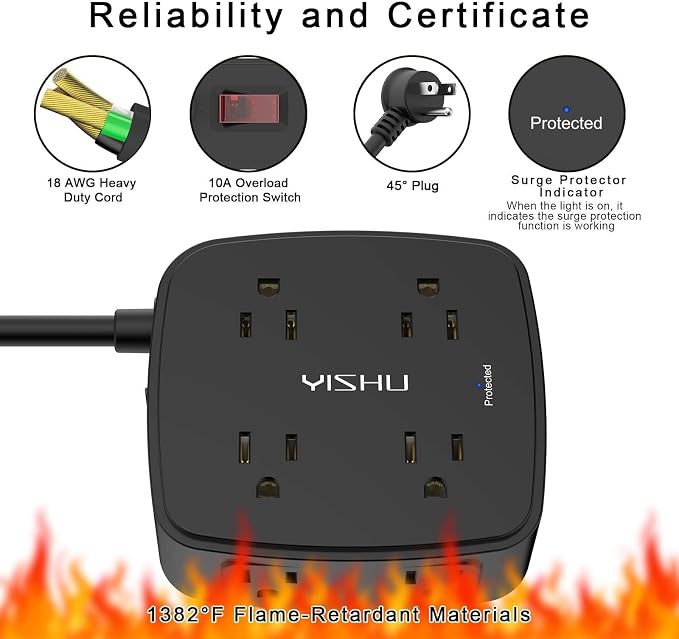 10 Ft Surge Protector Power Strip - 8 Widely Outlets with 4 USB Ports, 3 Side Outlet Extender with 10 Feet Extension Cord, Flat Plug, Wall Mount, Desk USB Charging Station, ETL, Black - Image 6