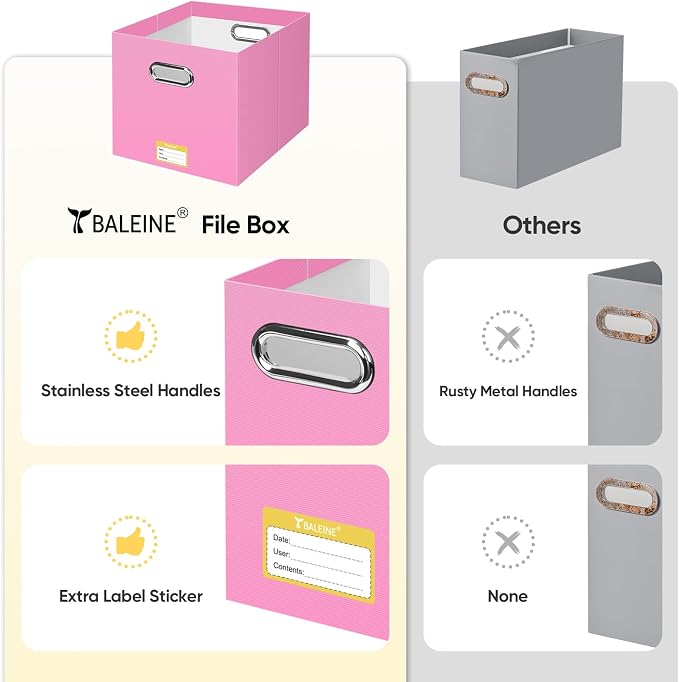 BALEINE File Organizer Box, Cardboard File Folder Organizer with Handle for Letter Size, Portable Collapsible Hanging Filing Box for Home Office Document Storage (2 Pack, Large Pink) - Image 5