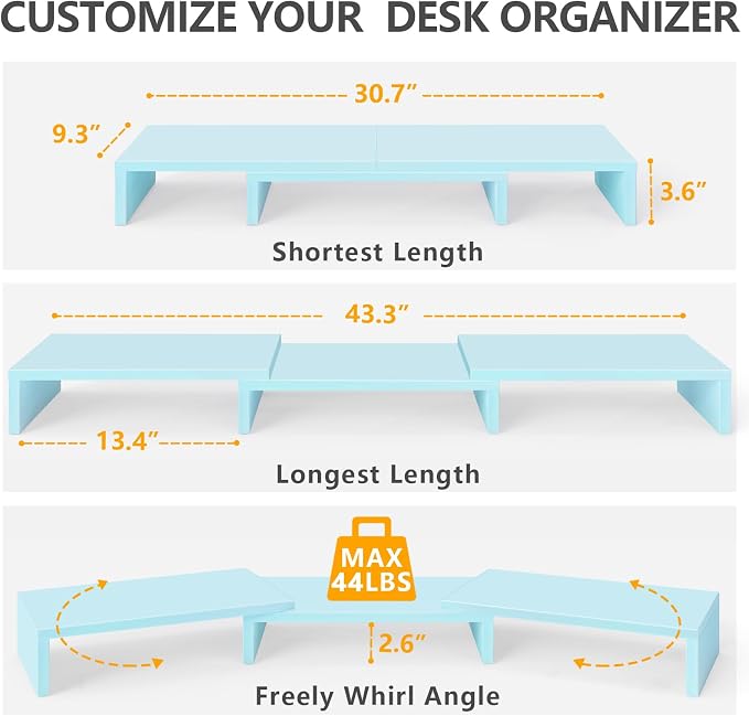 TAVR Dual Monitor Stand Riser, Wooden Computer Monitor Stand for 2 Monitors | Extra Long Multifunctional Desktop Organizer Riser for TV, PC Monitor, Laptop, Printer, Max 43.3" Length, Blue - Image 3