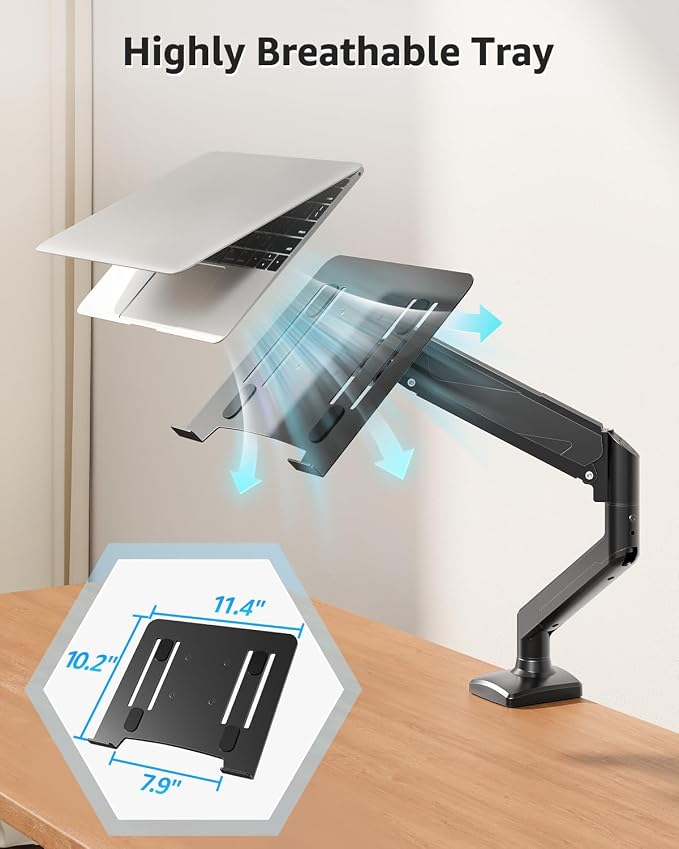 MOUNTUP Laptop Stand for Desk, Adjustable Aluminum Laptops Arm Mount for 14-17 Inch Notebook & 32" Monitor, Laptops Arm for Desk Support for 2.2-19.8lbs, 2-in-1 Laptop Desk Mount with Clamp/Grommet - Image 5