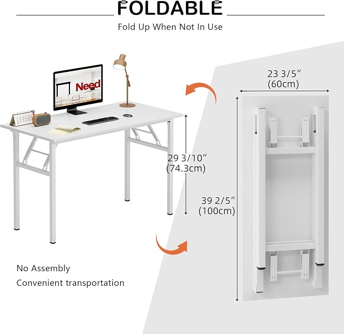 Need Office Computer Desk 39.3 Inch Sturdy Folding Laptop Table White | White Frame Writing Gaming Work Table/Foldable Home Office Desk/Sewing Table, No Assembly Required - Image 3