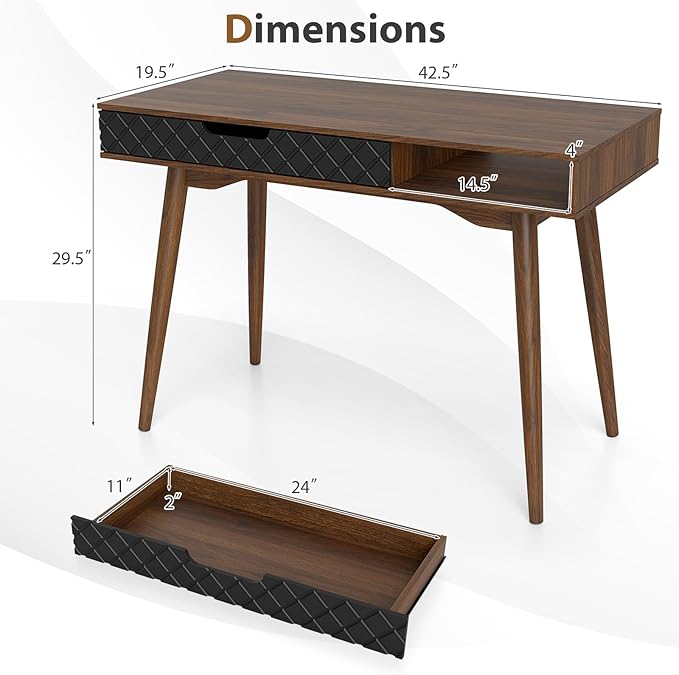 Tangkula Mid Century Modern Desk, Home Office Standing Desk w/Drawer & Open Compartment, Small Computer Desk Work Study Table, Vintage Writing Desk Wooden Workbench for Bedroom/Living Room - Image 2