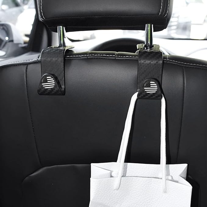 4PCS Car Seat Headrest Hooks, Auto Back Seat Hanger Holder, Durable Stylish Vehicle Organizer Universal Car Accessories, Storage Hooks for Purses, Bags, Clothes, Coats (Carbon Fiber/Black Flag) - Image 3