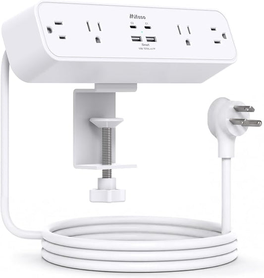 Mifaso PD65W Desk Clamp Power Strip, 1080J Surge Protector, 2 USB C | 4 Outlets, 5FT Extension Cord, Fast Charging Station, Desk Organizer Gaming Accessories Office Essentials, Fit 1.96" Edge by Mifaso