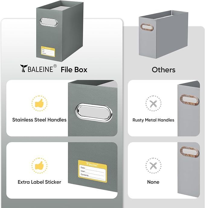 BALEINE File Organizer Box, Cardboard File Folder Organizer with Handle for Letter Size, Portable Collapsible Hanging Filing Box for Home Office Document Storage (2 Pack, Grey) - Image 5