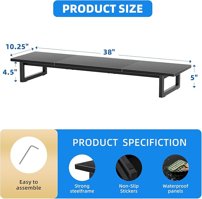 Simple Trending 38 Inch Dual Monitor Stand Riser, Wood and Steel Desktop Organizer for Home Office, Black - Image 3