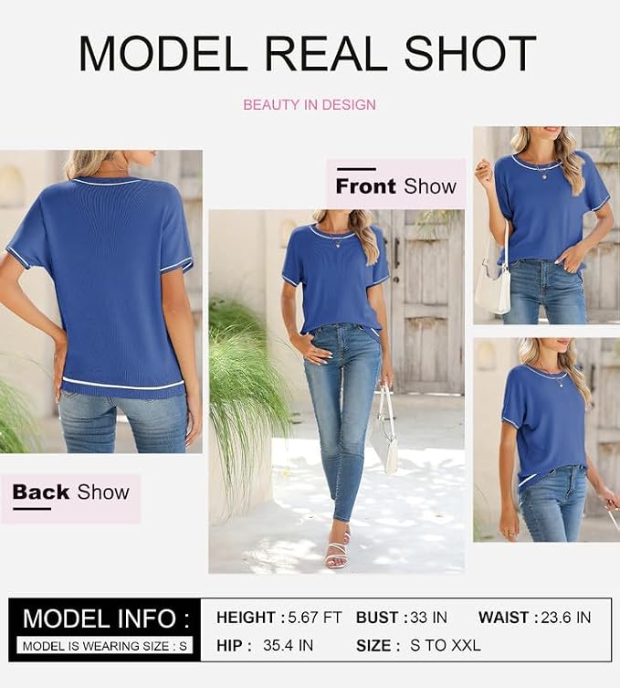 SHEWIN Womens Tops Trendy Short Sleeve Shirts Crewneck Lightweight Knit Sweater Top Business Casual Outfits - Image 6