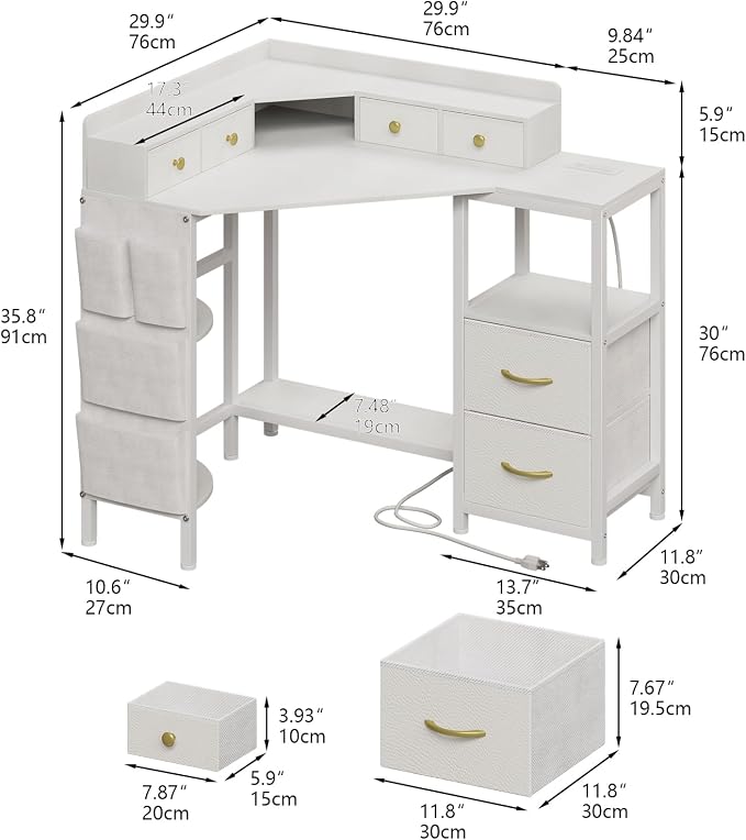 VENNQD Corner Desk with 6 Drawers Shelves for Small Space Computer Desk with Power Outlets,Gaming Desk with Printer Monitor Stand Storage for Home Office Workstation Writing Table (White, 31.5) - Image 2