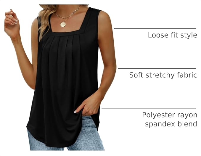 Saloogoe Summer Tank Tops for Women Loose Fit Pleated Square Neck Sleeveless Tops Curved Hem Flowy - Image 4