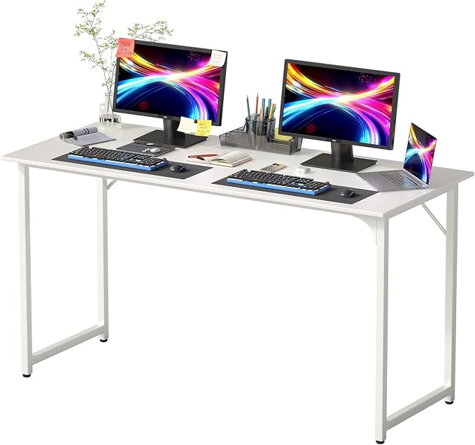 PayLessHere | 55 Inch Computer Desk | White | Office Desk with Metal Frame, Adjustable Feet | Water-Resistant, Scratchproof Surface | Sturdy Writing Table for Home Office or Study | Pack of 1 by PayLessHere