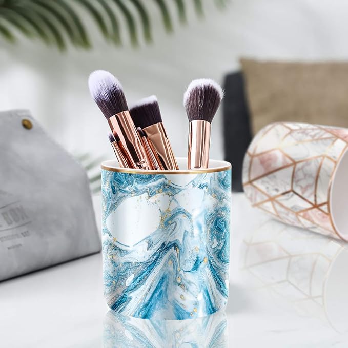 Pen Pencil Holder for Desk, Marble Desk Decor Organizer, Durable Ceramic Pencil Cup Holder Marble Design Makeup Cups for Brushes for Office, Classroom, Blue - Image 2