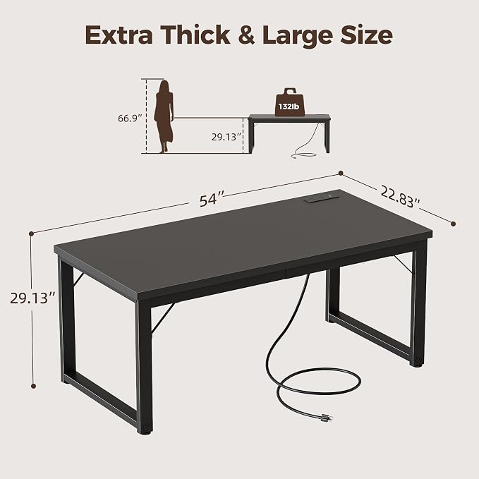Mericonia 54 Inch Computer Desk with Power Outlets, 1.2" Thick Office Table | Modern Simple Style, Heavy Duty Industrial Frame, Study & Writing Table for Home Bedroom Work, Black - Image 2