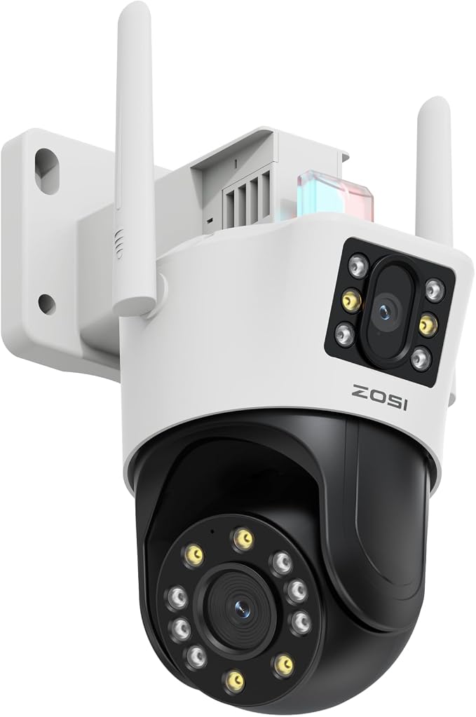 ZOSI C298 4MP Dual-Lens(2MP+2MP) Wired WiFi PT Plug-in Security Camera Outdoor, 360 View Pan/Tilt Camera, Human/Vehicle Detect, Color Night Vision, Spotlight Siren,Two-Way Talk, Memory Card Storage by ZOSI