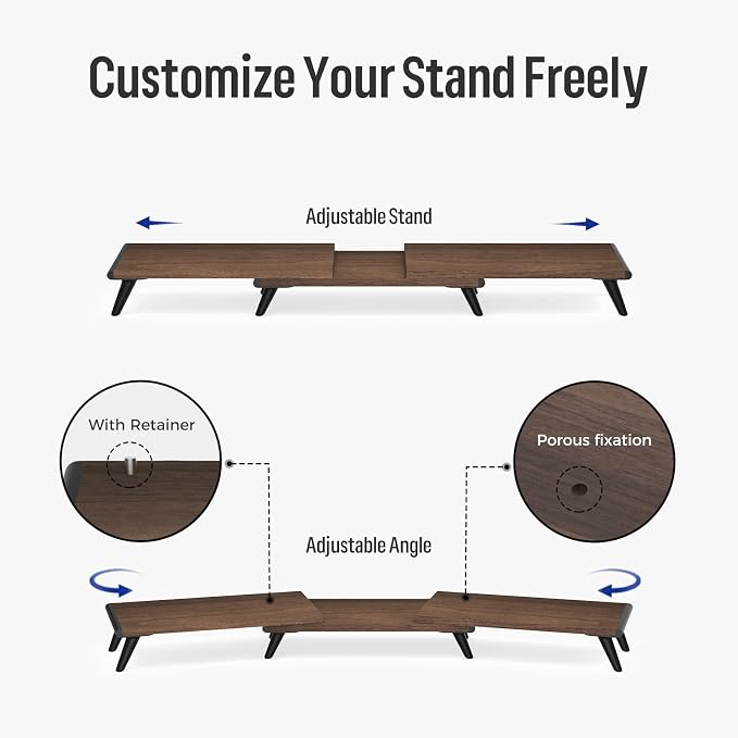 loukin Dual Monitor Stand Riser for Desk, 43.6"*8.2"*3.2" Large Computer Stand for 2 Monitors, Laptop, Printer, Length and Angle Adjustable Computer Shelf, Home Office,Max 43.6" Length(Brown) - Image 2