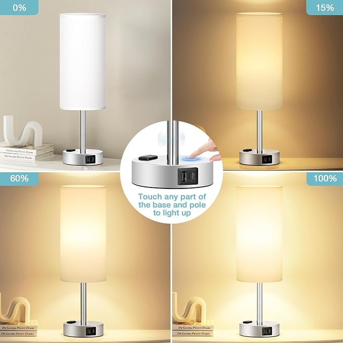 Fenmzee White Touch Bedroom Table Lamp - 3 Way Dimmable Bedside Lamp USB C A Charging Ports and AC Outlet, Small Lamp Nightstand with Silver Base for Living Room, Office Desk, LED Bulb Included - Image 2
