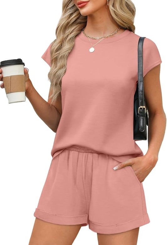 WIHOLL 2 Piece Sets for Women Casual Summer Travel Vacation Outfits Cap Sleeve Shorts Lounge Set by WIHOLL