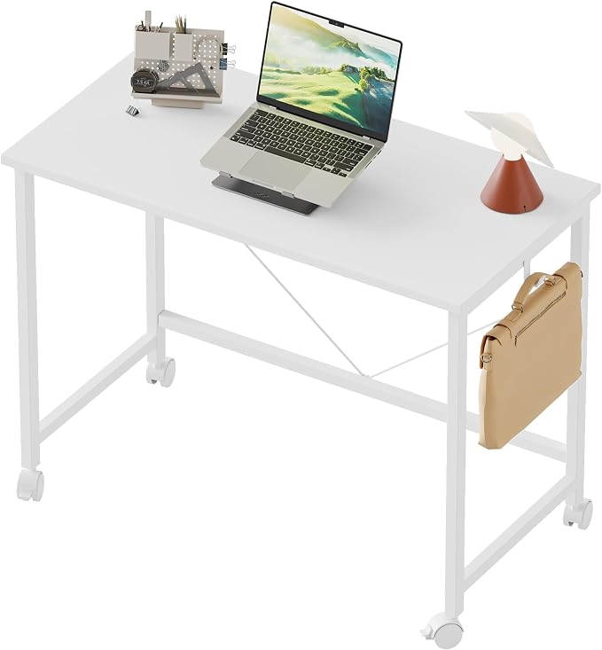 Mericonia 32x16 Inch Computer Desk with Wheels, Small Simple Rolling Desk | Writing Table for Home Office Bedroom Work Study, White by MERICONIA