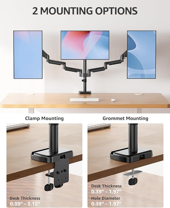 MOUNTUP Triple Monitor Stand Mount - 3 Monitors Desk Mount for Computer Screens Up to 27 inch, Triple Monitor Arm, Heavy Duty Monitors Stand, Each Arm Holds 4.4-19.8 lbs, Black - Image 8