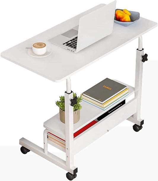 Adjustable Height Mobile Computer Desk for Small Space Rolling Writing with Wheels Corner Home Office Study Portable Bedrooms Work Size 31.5x15.7 Inch Storage Gaming Table, White A by Dekhaoxe