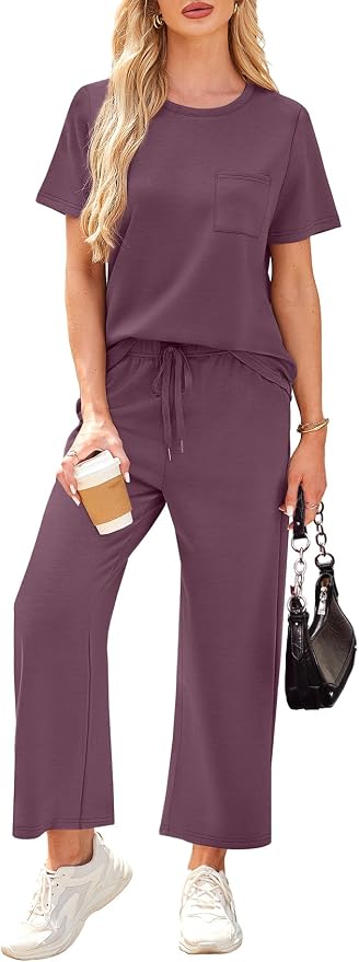 WIHOLL 2 Piece Sets for Women Casual Summer Travel Vacation Outfits Short Sleeve Wide Leg Crop Pants Lounge Sets - Image 3