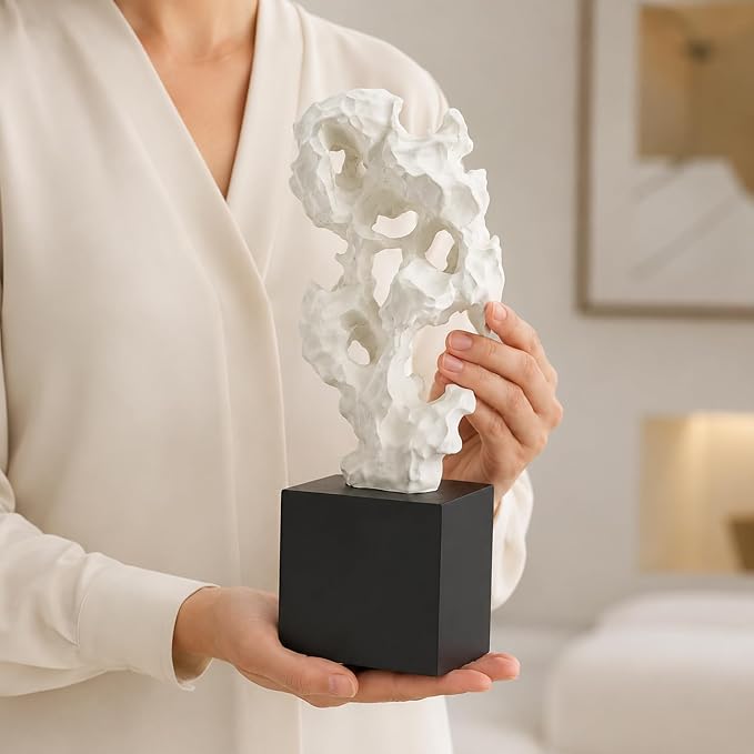11.8" Modern Abstract Sculpture | Stone Home Decor, Resin White and Black Art Statues for Living Room, Coffee Table Centerpiece, TV Stand Shelf Bookshelf Decor - Image 4