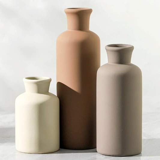 Ceramic Vase Set of 3, Flowers Neutral Modern Vases Home Decor Rustic Farmhouse Decor Pampas Vase for Table Mantel Entryway Shelf Living Room Kitchen Bathroom - Brown by ooit
