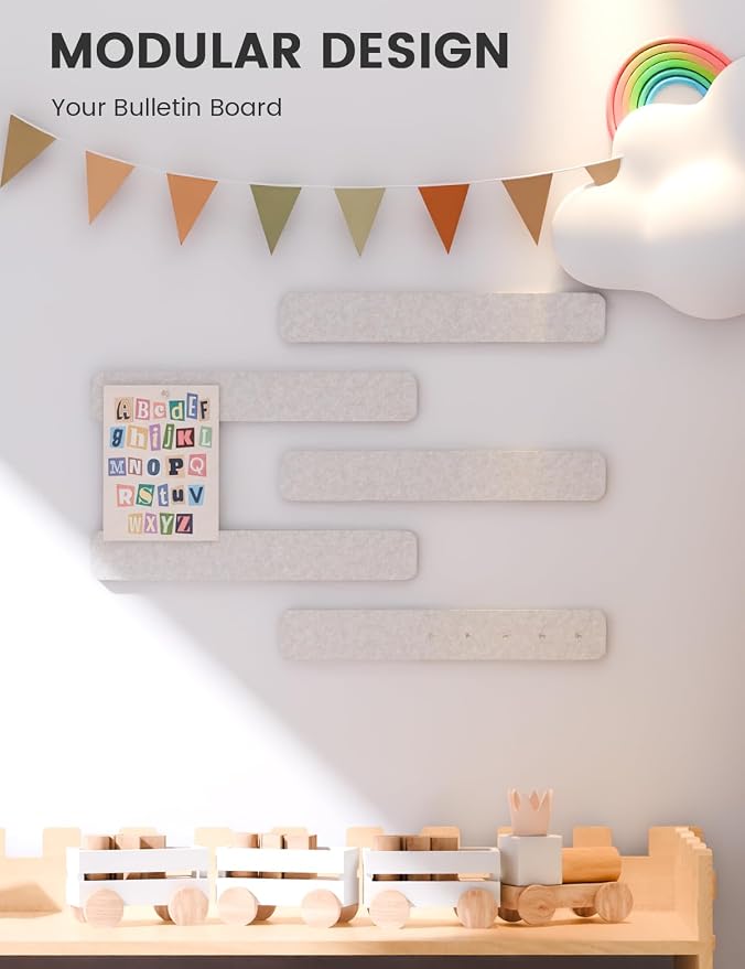 Fluxynara 13" x 2" Felt Wall Panels, Oatmeal | 5-Pack Cork Board Alternative with 35 Push Pins, Adhesive Mounting for Bedroom Door or Home Office - Image 5