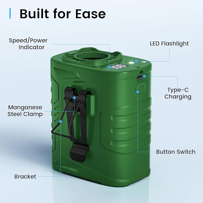 KIBEE Rechargeable Wearable Waist Fan, 12500RPM Strong Airflow with LED Light, 5 Speeds, 29H Long Lasting for Jobsite, Farm & Hiking - Image 4