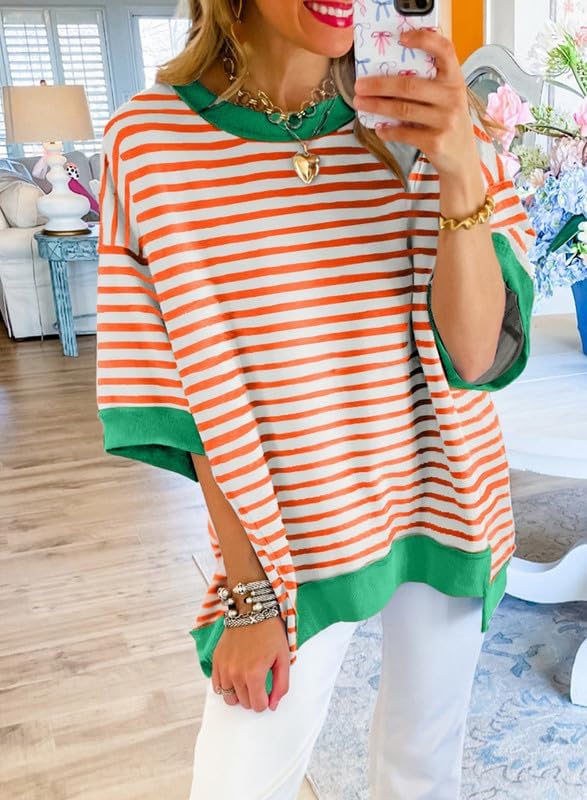 SHEWIN Womens Tops Casual Short Sleeve Sweatshirt Crewneck Striped Shirt Pullover T Shirts Loose Blouses - Image 2