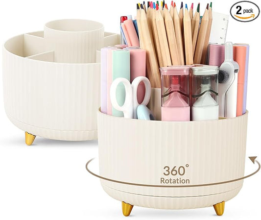 SKYDUE 2 Pack Pen Holder, 360 Degree Rotating Pencil Holder for Desk Organizer, Rotating Desktop Pen Organizer with 5 Slots, Office Supplies, Pencil Cup for Office, School, Home by SKYDUE