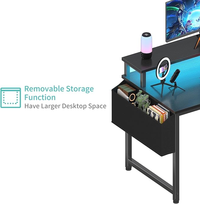 Lufeiya Black Gaming Desk with LED Lights and Power Outlets, 40 Inch Teen Writing Study Table Home Office Desks with Monitor Stand, Computer Desk with Charging Station USB Port, Black - Image 7