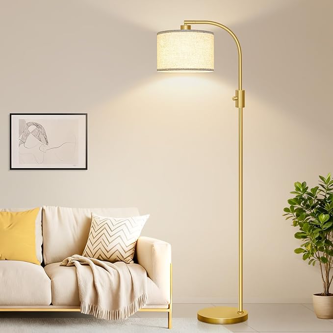 Nintiue Upgraded Modern Arc Dimmable Tall Standing Floor Lamp with Linen Shade, 1200 Lumens LED Bulb Included, for Living & Reading Room, Bedroom, Office & Nursery, Gold - Image 6