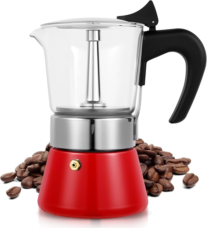 6 Cup 300ml Glass Moka Pot, Stovetop Espresso Maker, Red | Crystal Glass-top & Stainless Steel Coffee Maker, Induction Compatible, for Greca de Cafe, Cuban and Italian Coffee Brewing by Suiitat