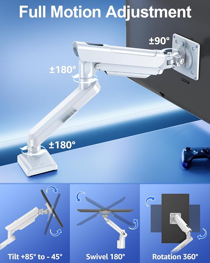 Single Monitor Mount for 32 27 24 22 inch Screen, Monitor Arm Holds 4.4-22 lbs, Monitor Desk Mount, Gaming & Home Office Use, VESA 75x75mm & 100x100mm, Freelift Pro White - Image 5