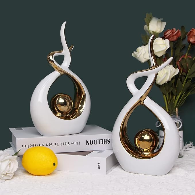 Norrclp Home Decor Modern Abstract Art Ceramic Statue Table Decorations for Dining Room Living Room Office Centerpiece (White and Gold, Small) - Image 5