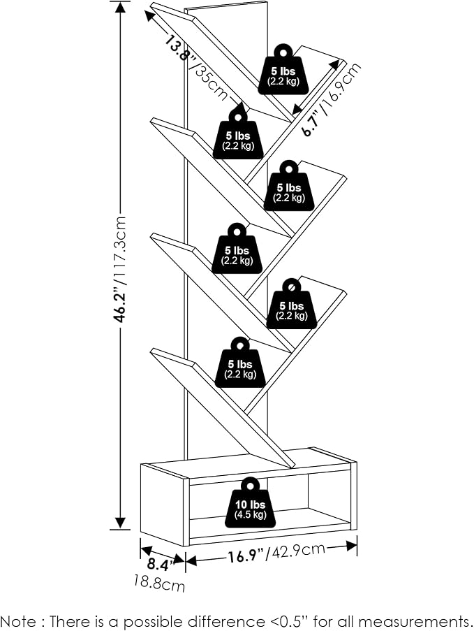 Furinno Tree Book Shelf, 7-Tier Bookshelf, Tree Bookcase with Bottom Shelf, 8.4 x 16.9 x 46.2, for Living Room, Bedroom, Home Office, Amber Pine - Image 3