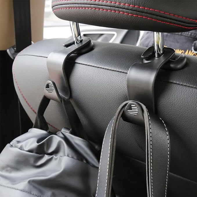 4PCS Car Seat Headrest Hooks, Auto Back Seat Hanger Holder, Durable Stylish Vehicle Organizer Universal Car Interior Accessories, Storage Hooks for Purses, Bags, Clothes, Hats (Black/Black Flag) - Image 5
