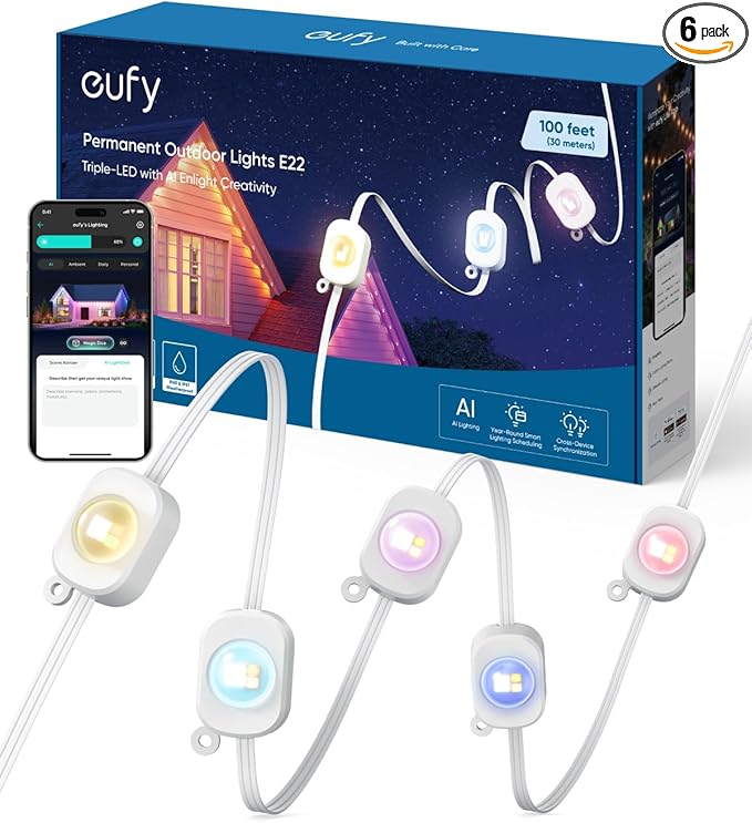 eufy Permanent Outdoor Lights E22, 100ft with 60 Triple-LED Lights, Smart RGBWW for Christmas, Daily and Holiday, Up to IP67 Waterproof, AI Light Themes for Christmas Decorations, Works with eufy Cams by Unknown