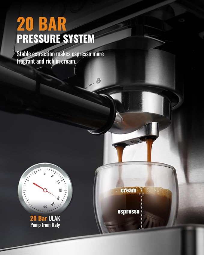 SHARDOR 20 Bar Espresso Machine for Home, Espresso Coffee Maker with Temp Display, Expresso Machine with Steam Milk Frother for Latte & Cappuccino, 60oz Water Reservoir, Stainless Steel, 1350W - Image 2