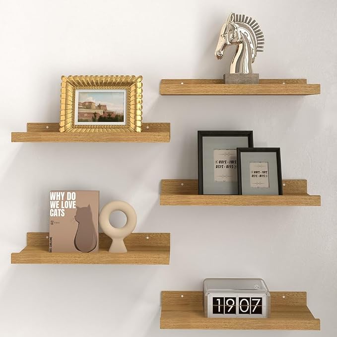 RICHER HOUSE 8-Set Floating Shelves with Lip, Oak Wall Mounted Wood Shelf | Display Picture Ledge Shelf, Anti-drop lip Shelf for Room Wall Decor, Bedroom Bathroom Storage Nursery Hanging Book Shelves by RicherHouse