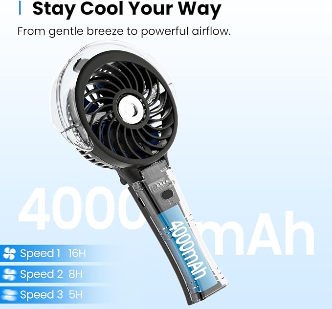 KIBEE Portable Misting Fan, 4000mAh Rechargeable Handheld Fan with 50ml Water Tank, Foldable 180° Mini Mist Spray Fan, 3 Speeds Personal Cooling Fan for Travel, Makeup, Outdoor, Concerts, Gray - Image 4
