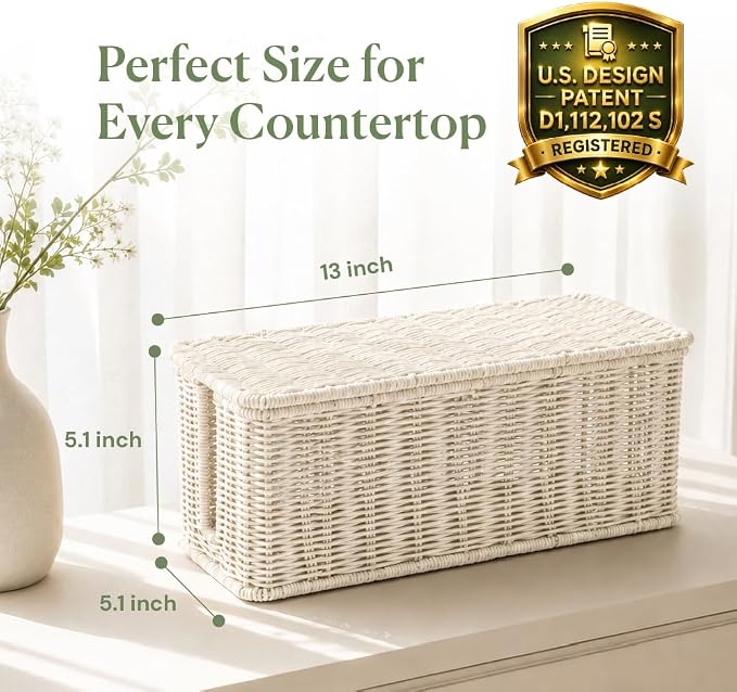 Cable Management Box, Handmade Rattan Cable Organizer with 2 Open Slots, Cord Hider for Power Strip, Router & USB Hub, Registered U.S. Design Patent (D1,112,102), 13" x 5.1" x 5.1", White - Image 2