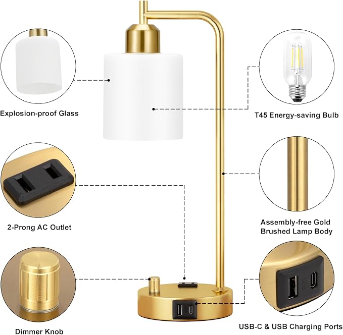 Innqoo Industrial Table Lamps for Bedroom Set of 2 - Fully Dimmable Bedside Lamps with USB Ports and Outlet, Gold Nightstand Lamps with Opal Glass Shade for Living Room, Desk Lamps for Office Reading - Image 5