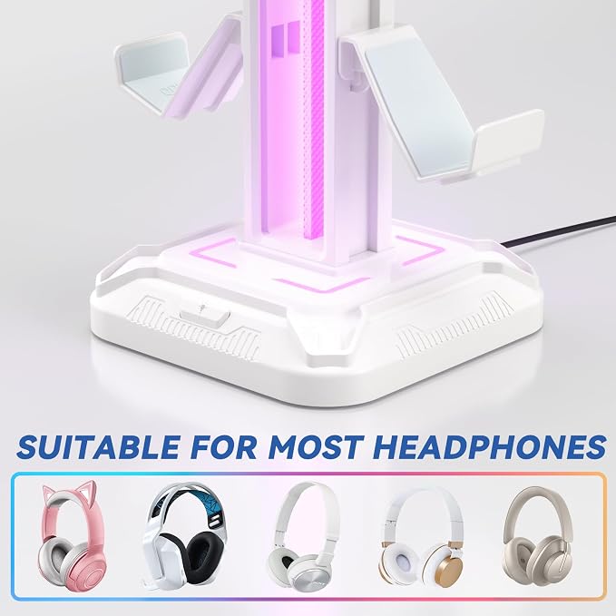 KDD RGB Headset Stand with 9 Light Modes - Controller Holder for Desk - Rotatable Headphone Stand & Detachable Controller Hook for PC Earphone Accessories(White) - Image 5
